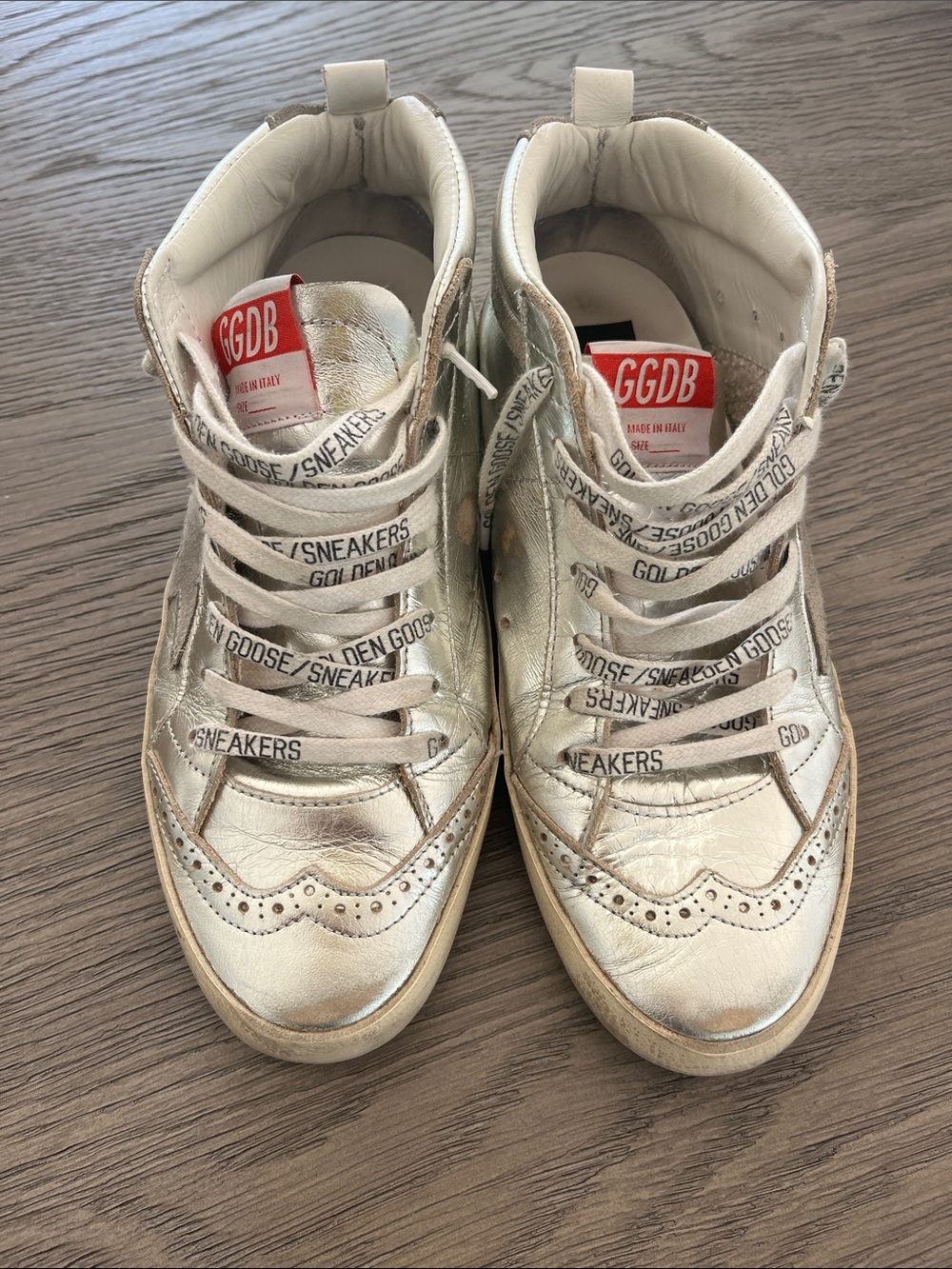 Golden Goose Metallic Silver High-Top Sneakers with Branded Laces
